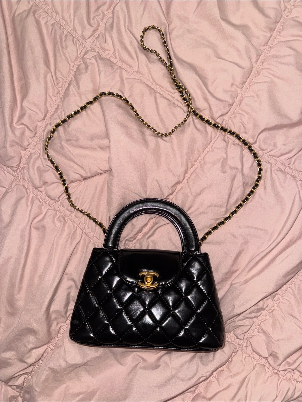 CHANEL Black Quilted Mini Top Handle Bag with Gold Chain